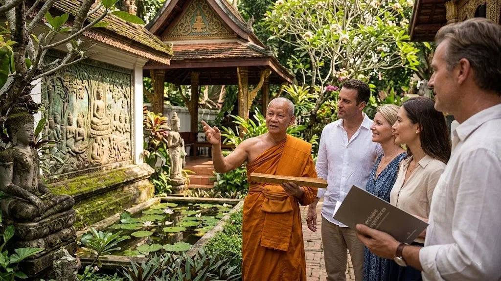 An intimate shot of a Buddhist monk guiding travelers through a private, serene temple garden, highlighting the exclusive and educational high-end tour experience mentioned in the luxury guide.