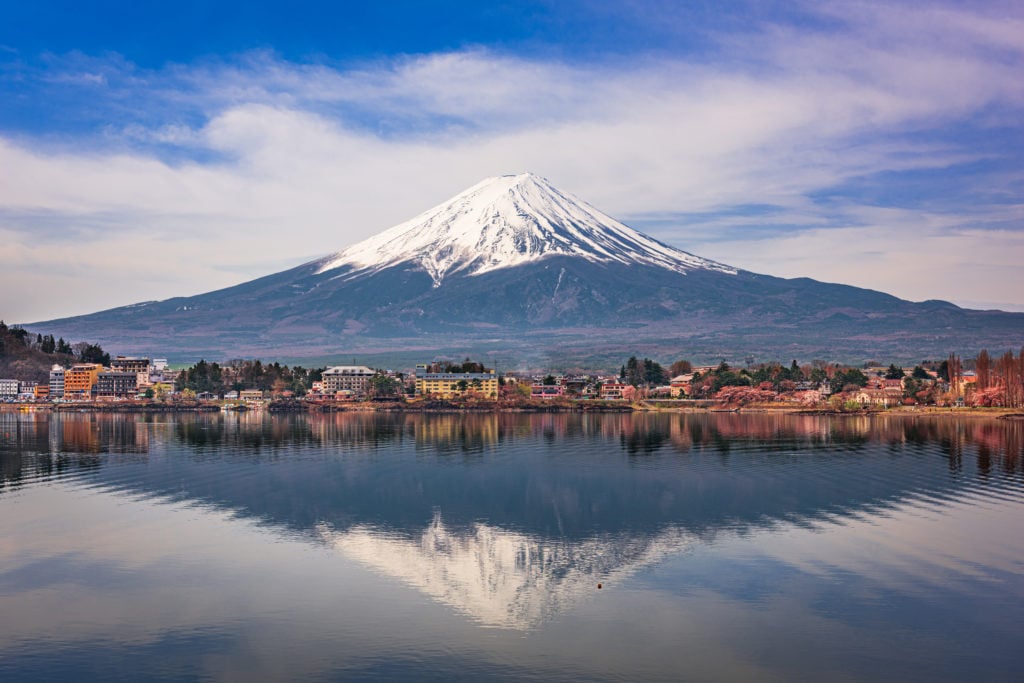 河口湖の夕景と富士山