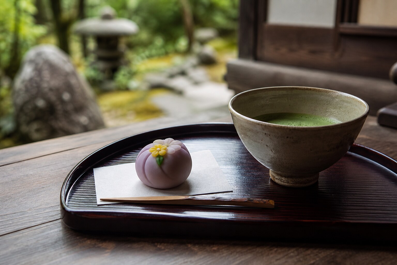Frothy green matcha tea and a traditional sweet served on a black lacquer tray
