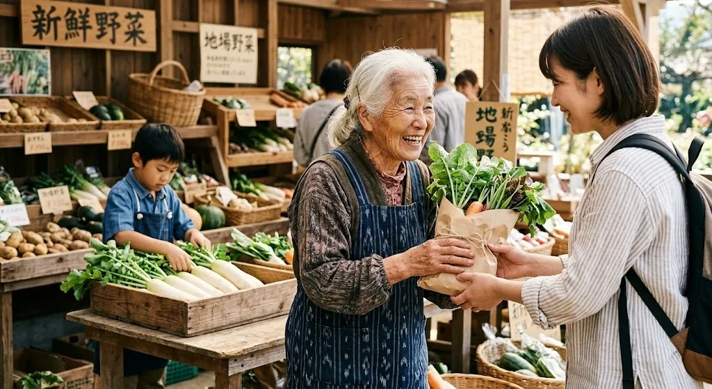An elderly Japanese female younger and her apprentice smile while serving customers at a traditional wooden stall at Miyagawa Morning Market, showcasing the continuity of generational family traditions.