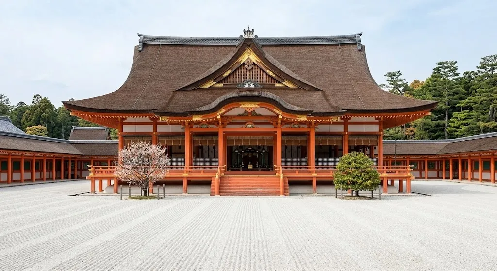 A wide, symmetrical view of the Kyoto Imperial Palace's elegant wooden Main Hall, featuring sweeping roofs, vermillion pillars, and an impeccably raked white gravel courtyard in the foreground.