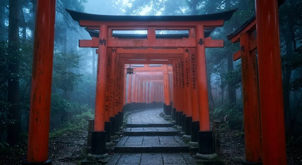 An empty pathway winds through a continuous tunnel of vibrant vermillion torii gates, enveloped in thick morning mist with soft sunlight filtering down through the surrounding green forest.