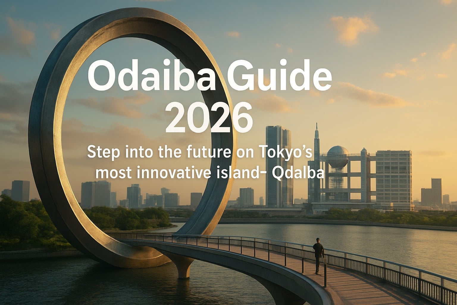 A circular sculpture and waterfront walkway in Odaiba at golden hour, with Tokyo Bay and the city skyline behind