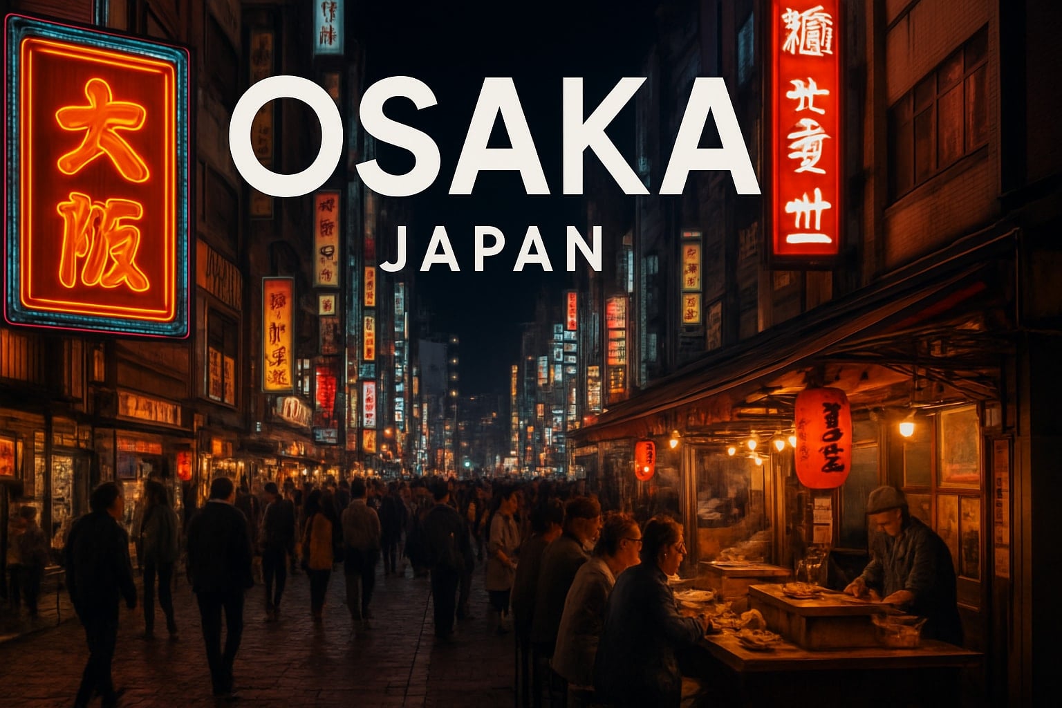 A neon-lit Osaka street at night crowded with diners and street-food stalls