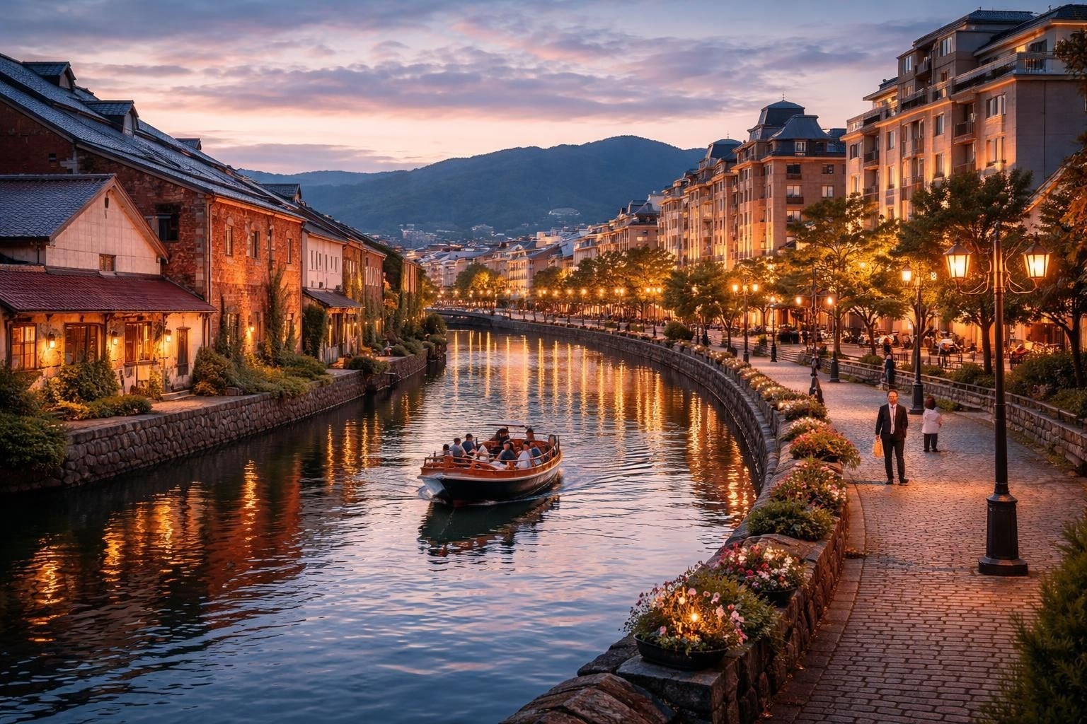 A sightseeing boat cruising the Otaru Canal at sunset past illuminated brick warehouses and flower-lined promenades