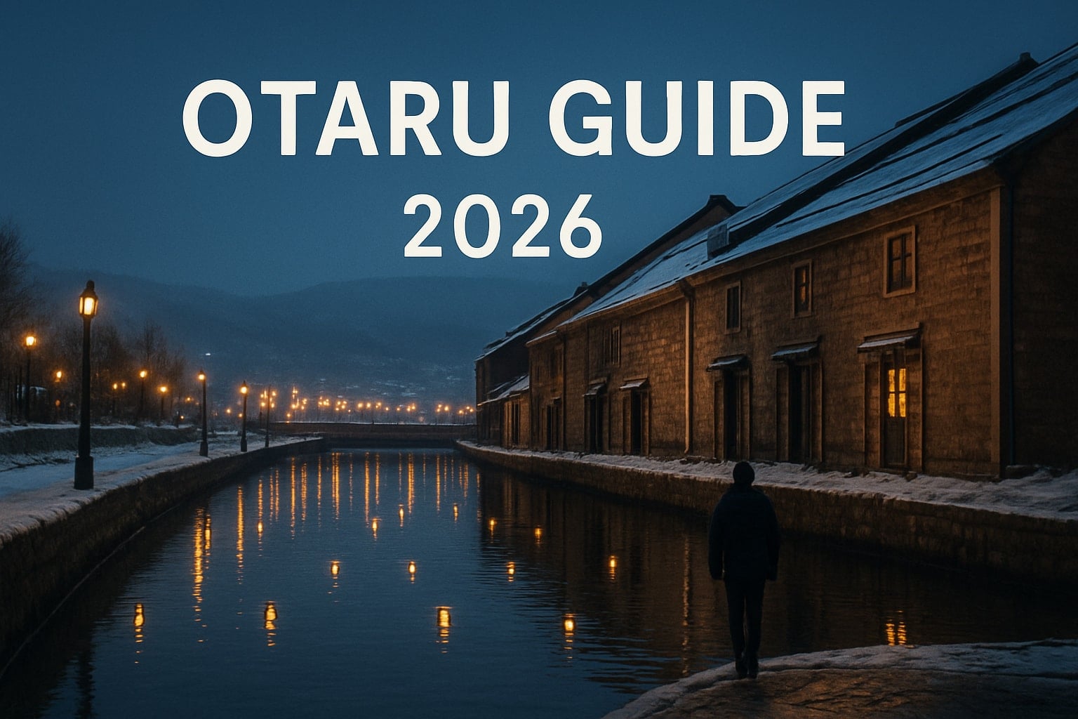 The Otaru Canal at winter dusk, its historic stone warehouses and gas lamps reflected in still water