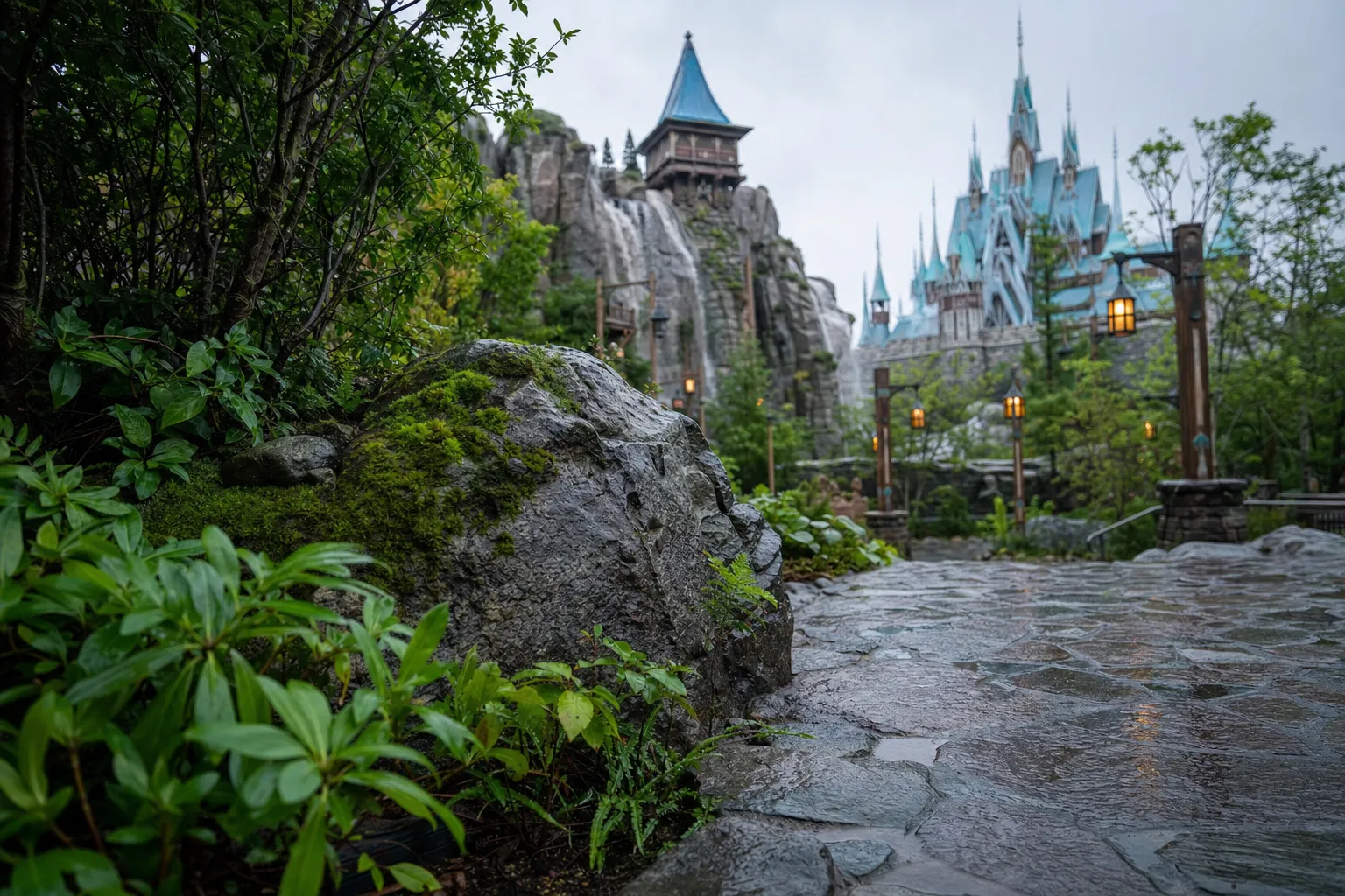 Tokyo DisneySea Fantasy Springs port with themed architecture and waterfalls on a clear day