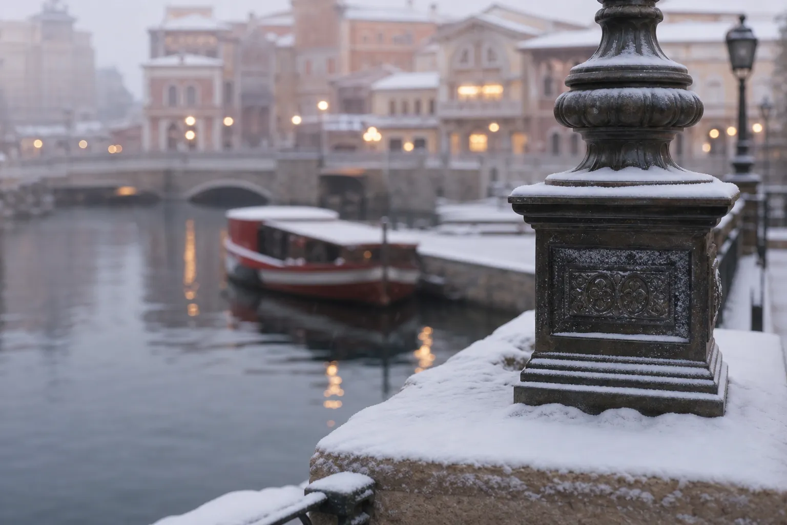 Tokyo DisneySea Mediterranean Harbor reflected in calm water during quiet early morning