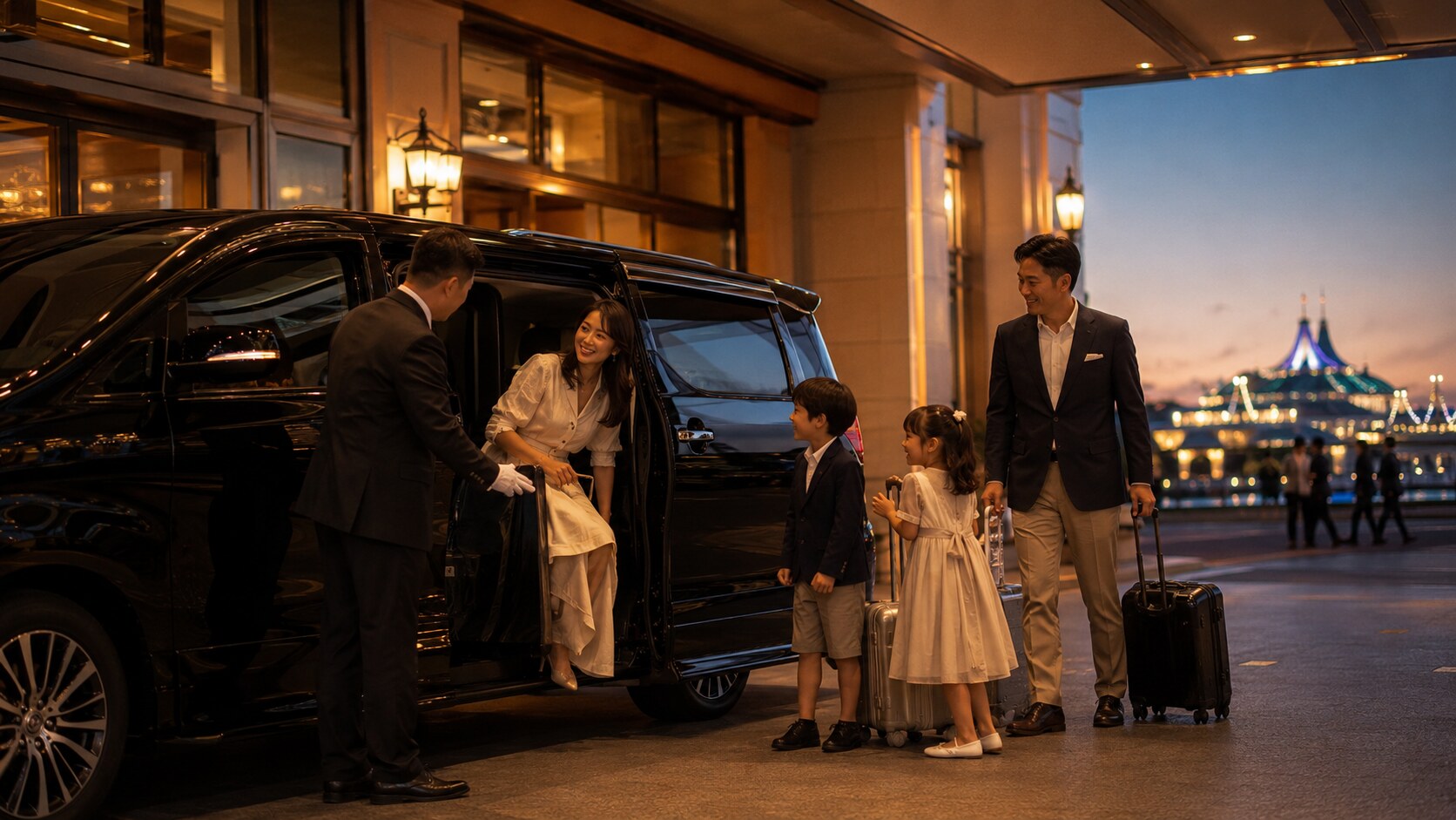 A luxury chauffeur vehicle arriving at an elegant Tokyo resort hotel as a family begins a private theme park experience.