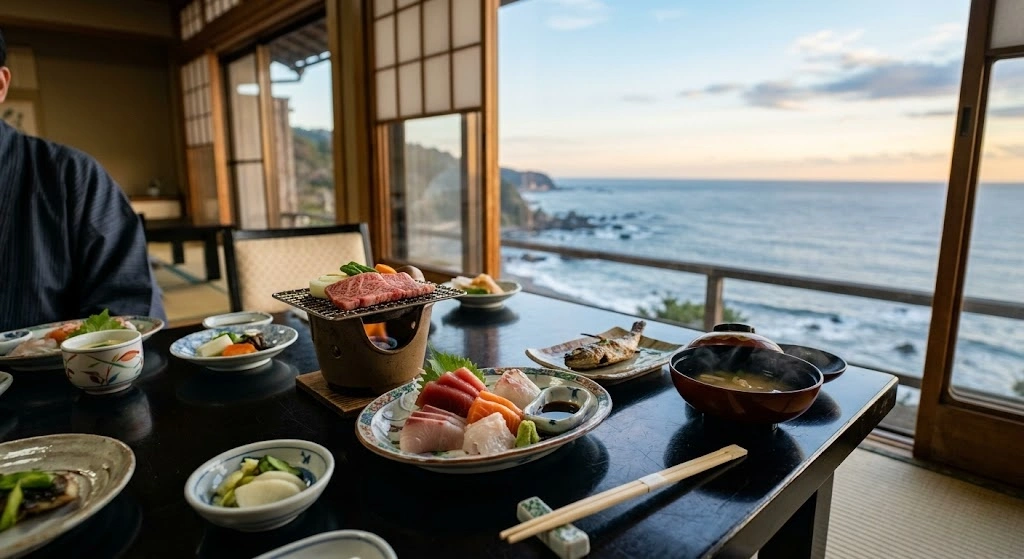 Japanese meal spread on a dark table by a seaside window, featuring sushi plates, a small grill, bowls, and miso soup with ocean view in the background.
