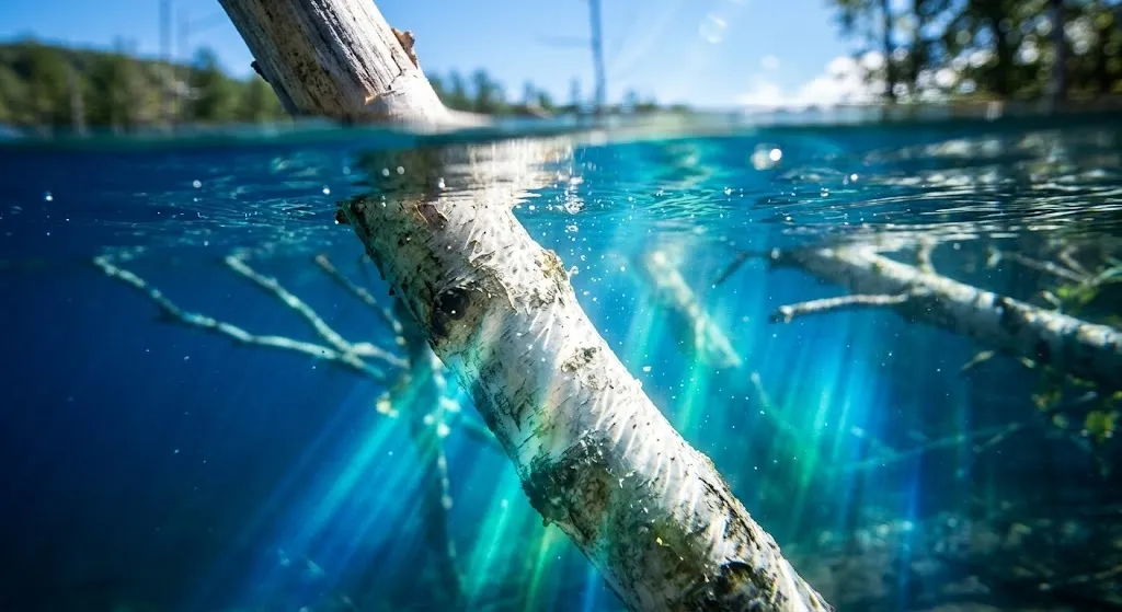 Close-up view of vibrant turquoise water illuminated by bright sunlight rays piercing the surface, highlighting the milky blue colloidal Suspension around a submerged white tree trunk.