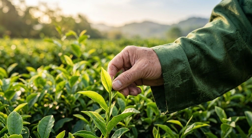 Close-up of a hand plucking a green tea leaf from a tea plantation in bright daylight.