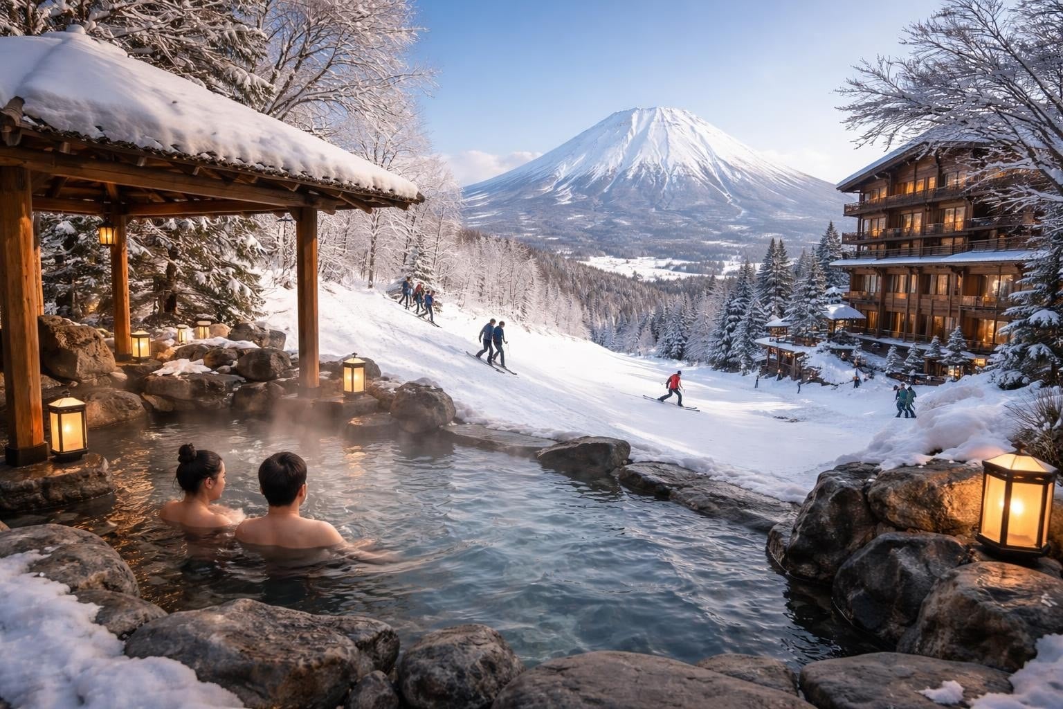 Couple soaking in an outdoor hot spring surrounded by rocks and lanterns, with a snow-covered lodge and skiers on a hillside and a snowy mountain in the distance.