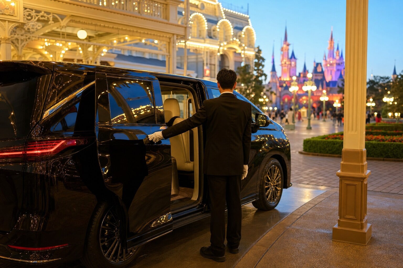 Premium black minivan with chauffeur opening the door for a private transfer in Tokyo