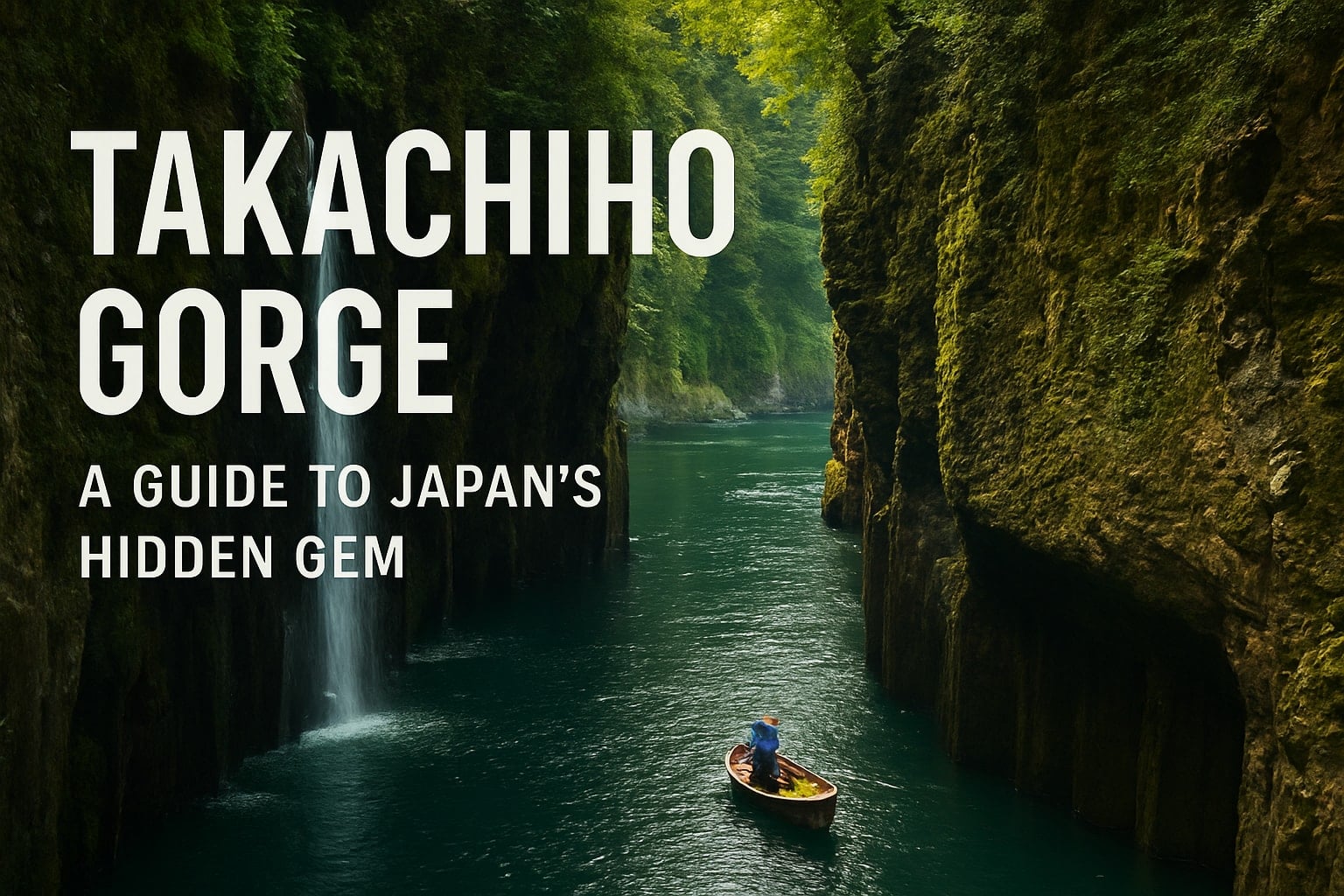 A lone rowboat drifting between the mossy basalt cliffs and waterfall of Takachiho Gorge