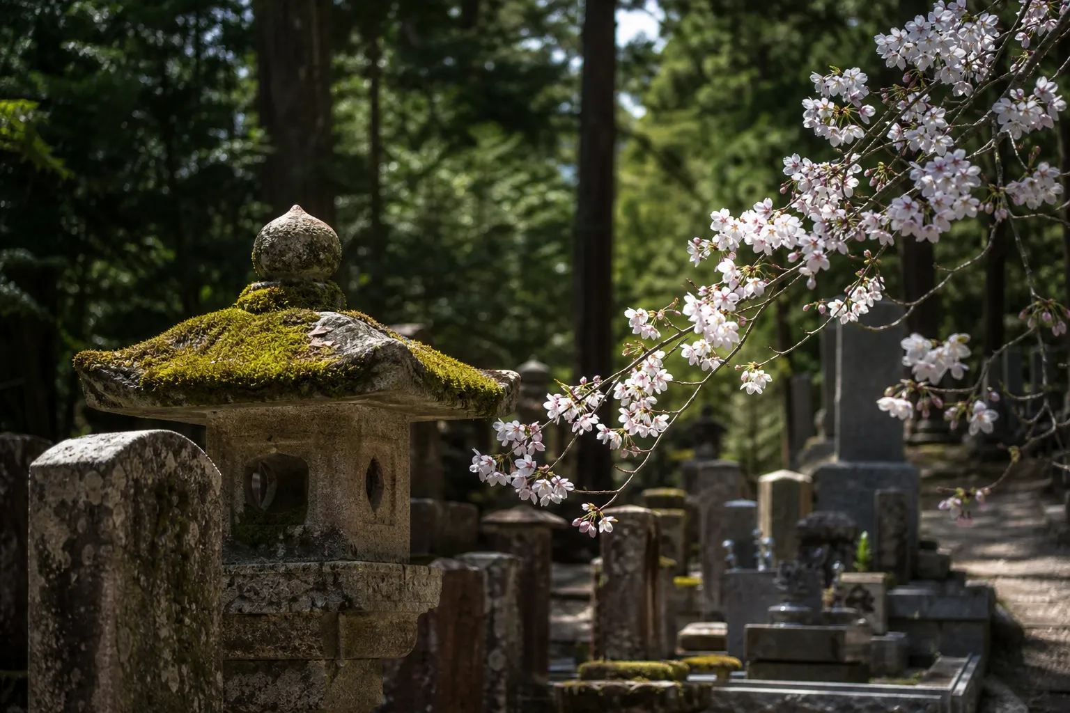 Misty stone-lantern path through Okunoin cemetery on Koyasan at dawn