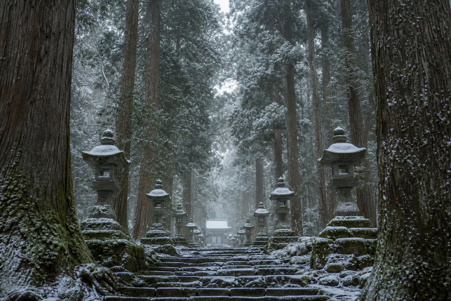 Mossy stone pilgrimage steps through cedar forest in the Kii mountain range