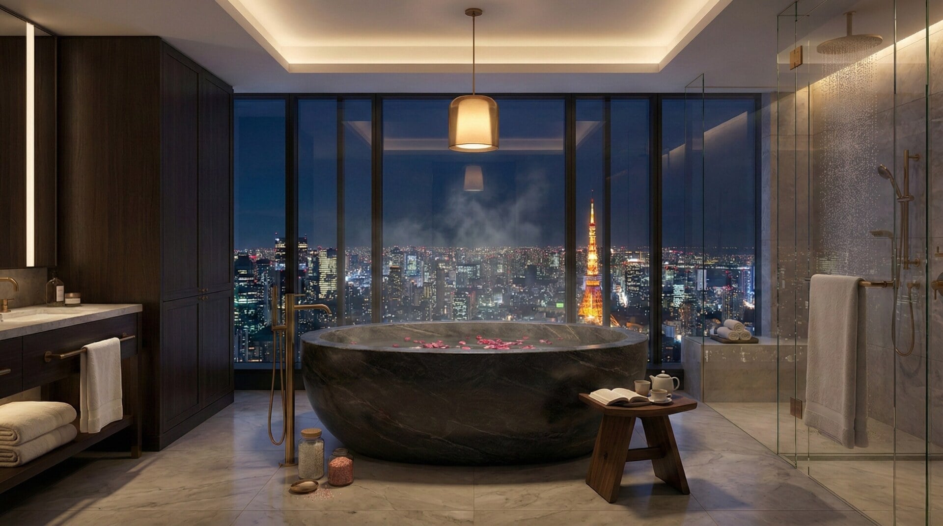 ザ・ブルガリ スイートのバスルーム。東京の夜景を望むストーンバスタブ