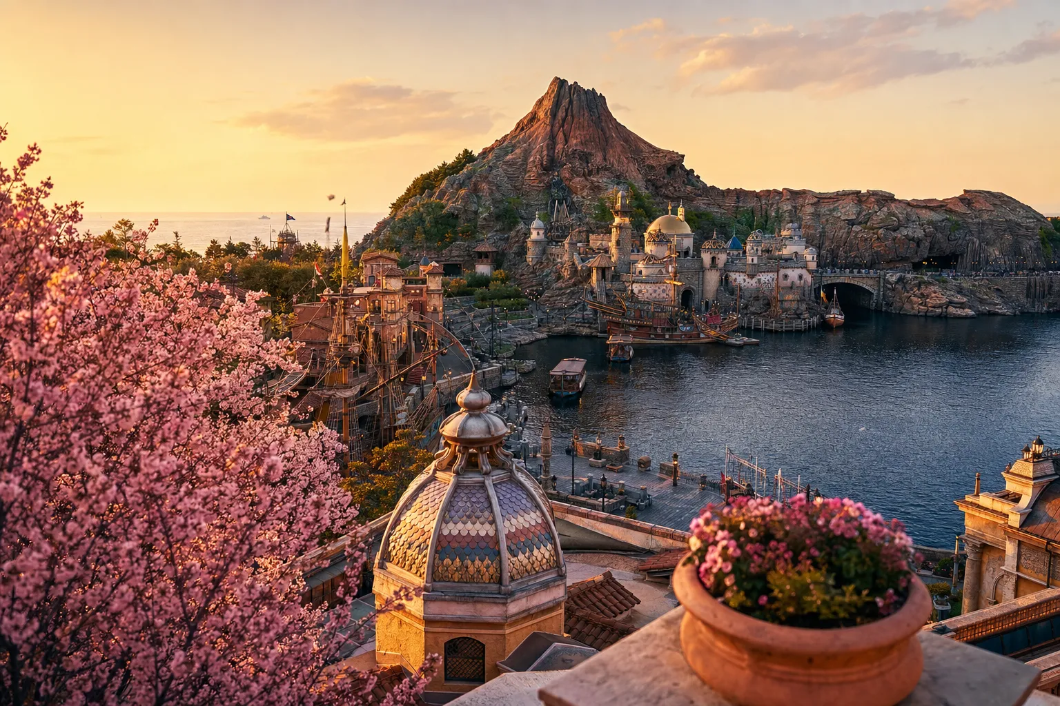 Aerial view of Tokyo DisneySea showing the Mediterranean Harbor, central volcano, and themed ports at golden hour