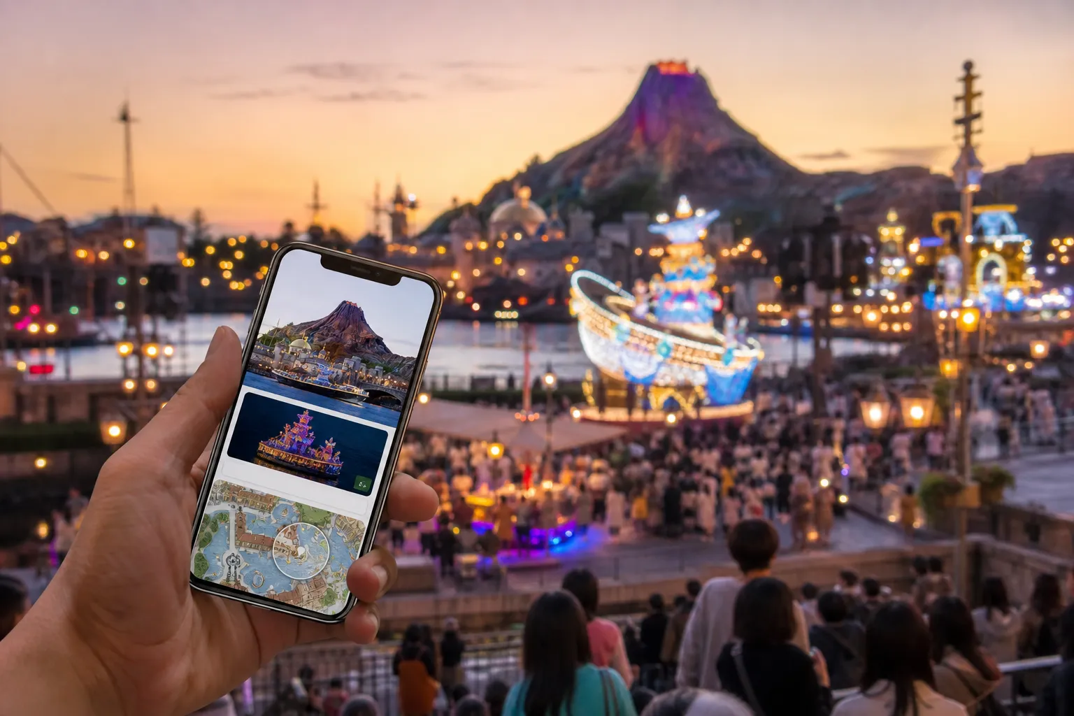 Hand holding a smartphone with a Disney Premier Access reservation screen at Tokyo DisneySea