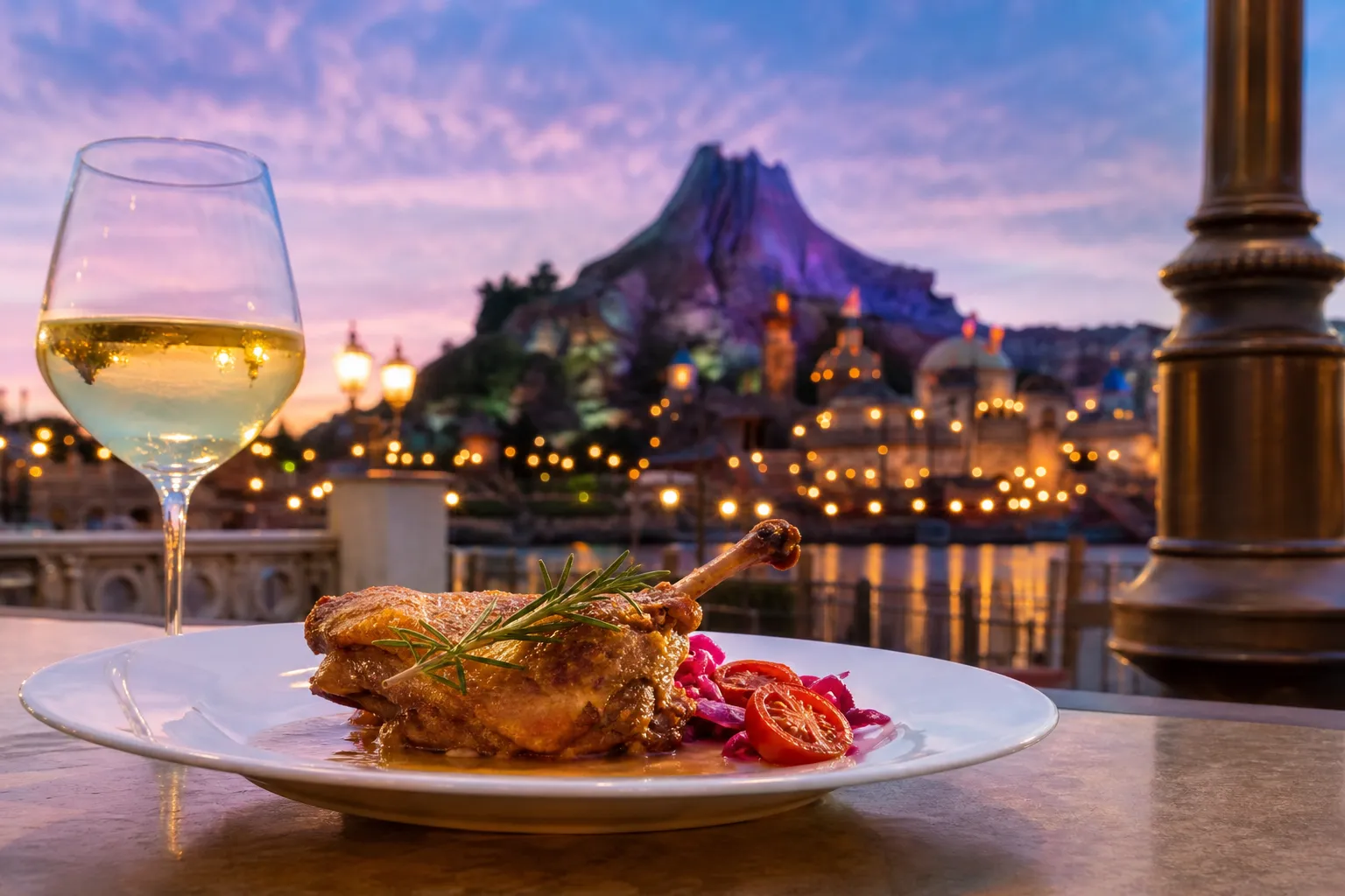 Elegantly plated festival dish with duck confit and a glass of wine at Tokyo DisneySea