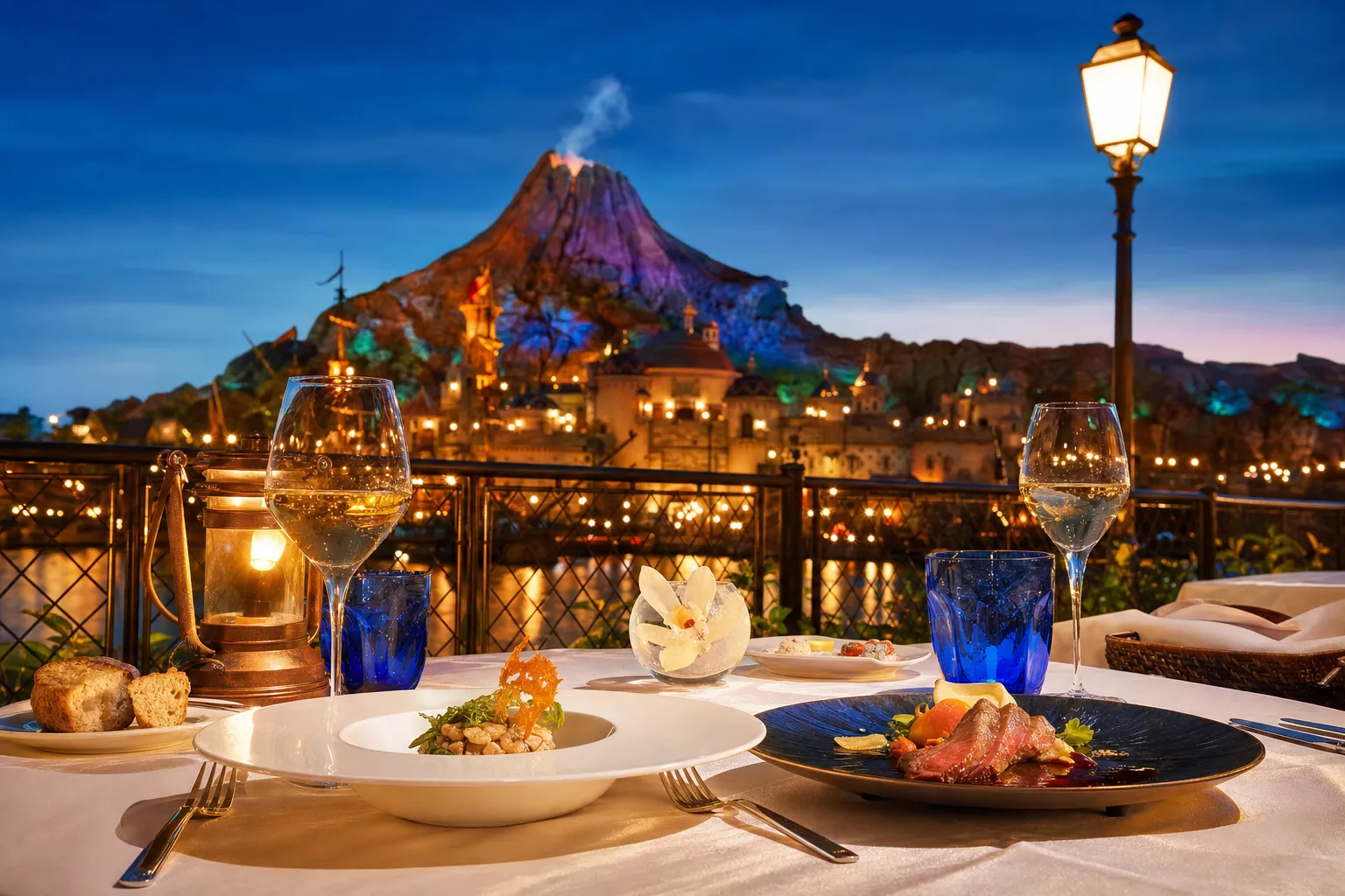 Refined table-service restaurant interior at Tokyo DisneySea set for a Chef's Imagination course meal