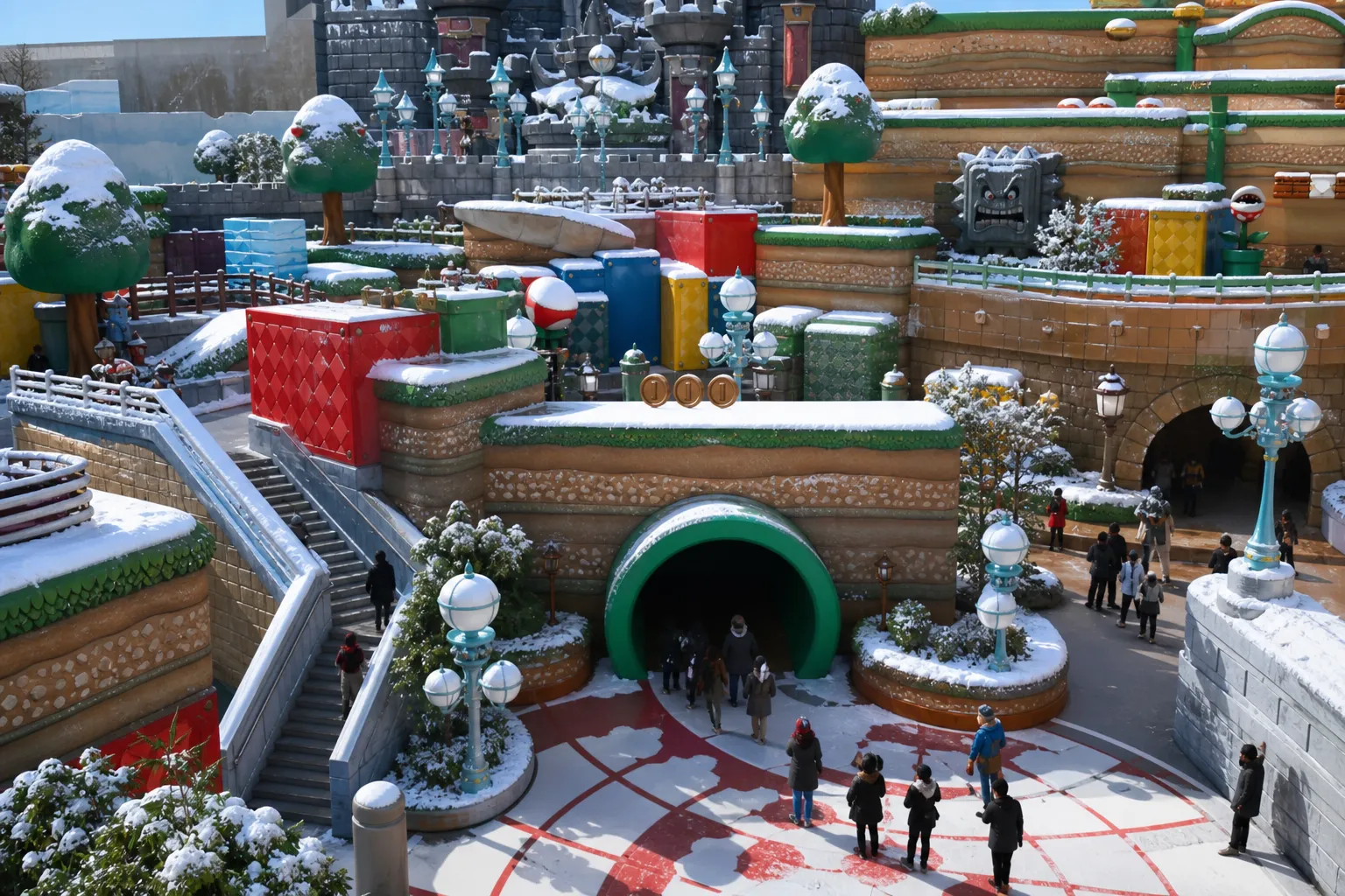 Colorful Mushroom Kingdom entrance and warp pipe at Super Nintendo World, Universal Studios Japan