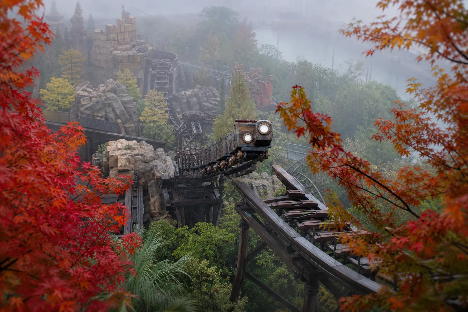 Donkey Kong Country mine-cart roller coaster amid jungle theming at Universal Studios Japan