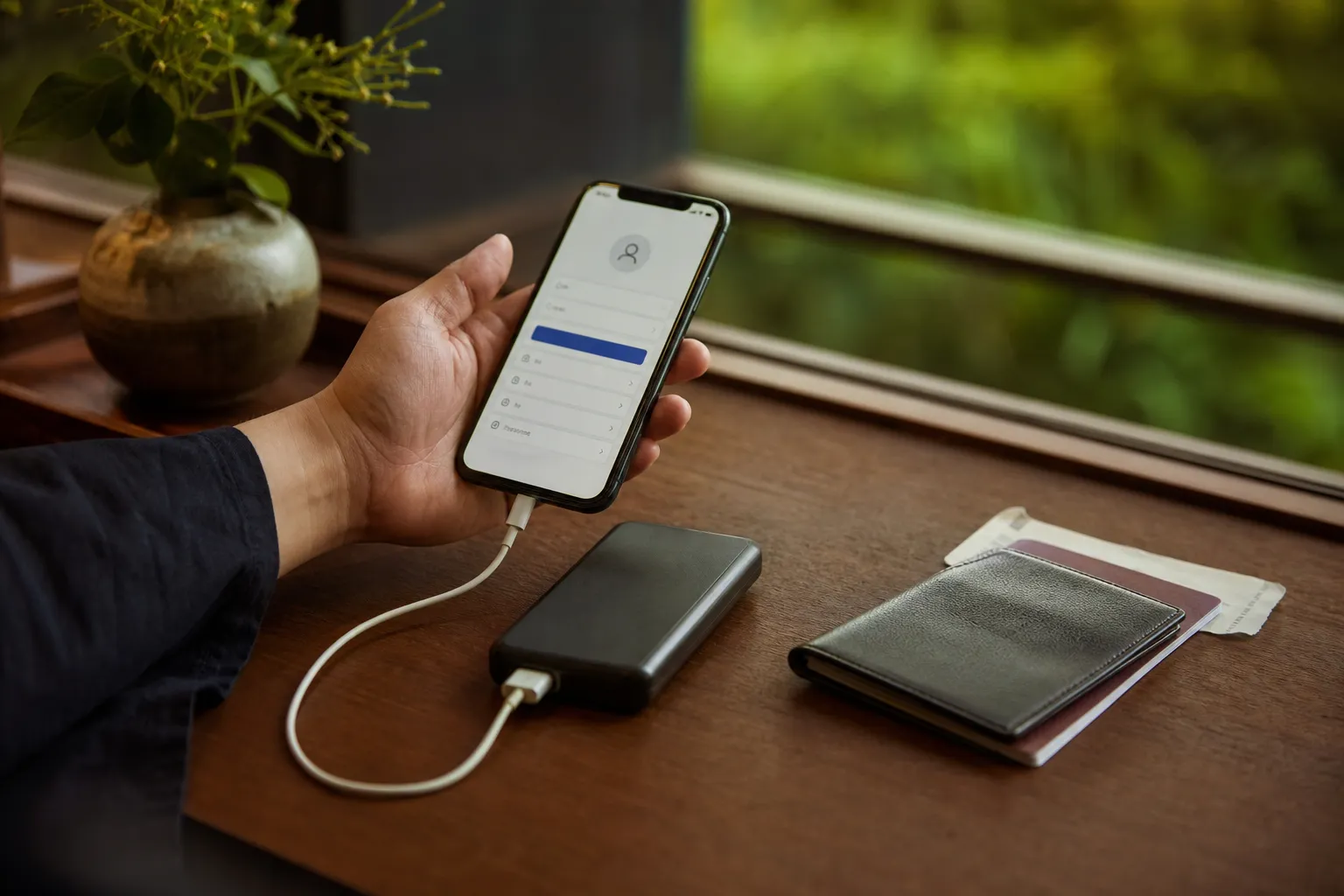 前夜、ホテルのデスクでモバイルバッテリーの横に置かれた充電中のスマートフォン