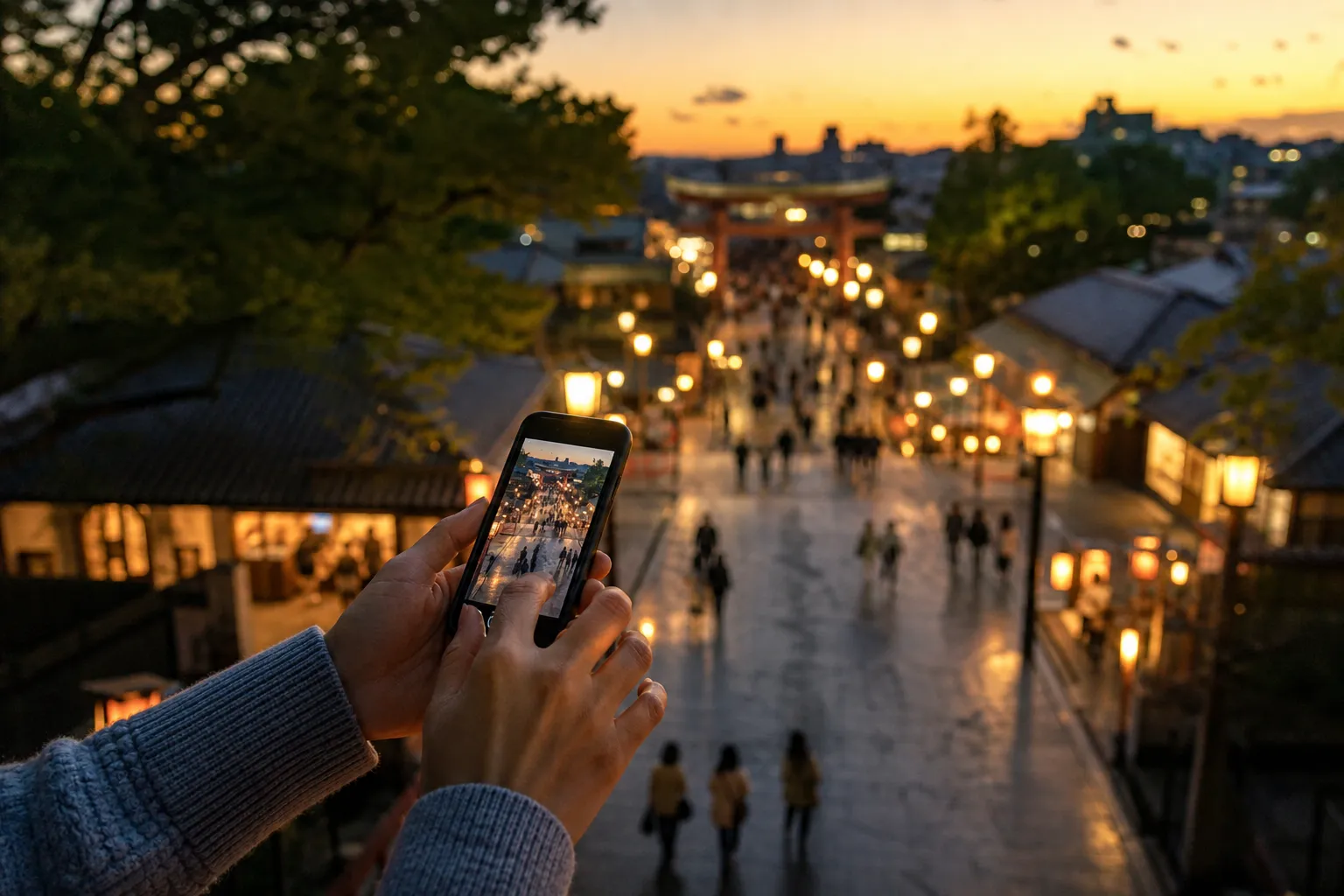 入園直後、朝のテーマパーク内でスマートフォンを操作するゲスト