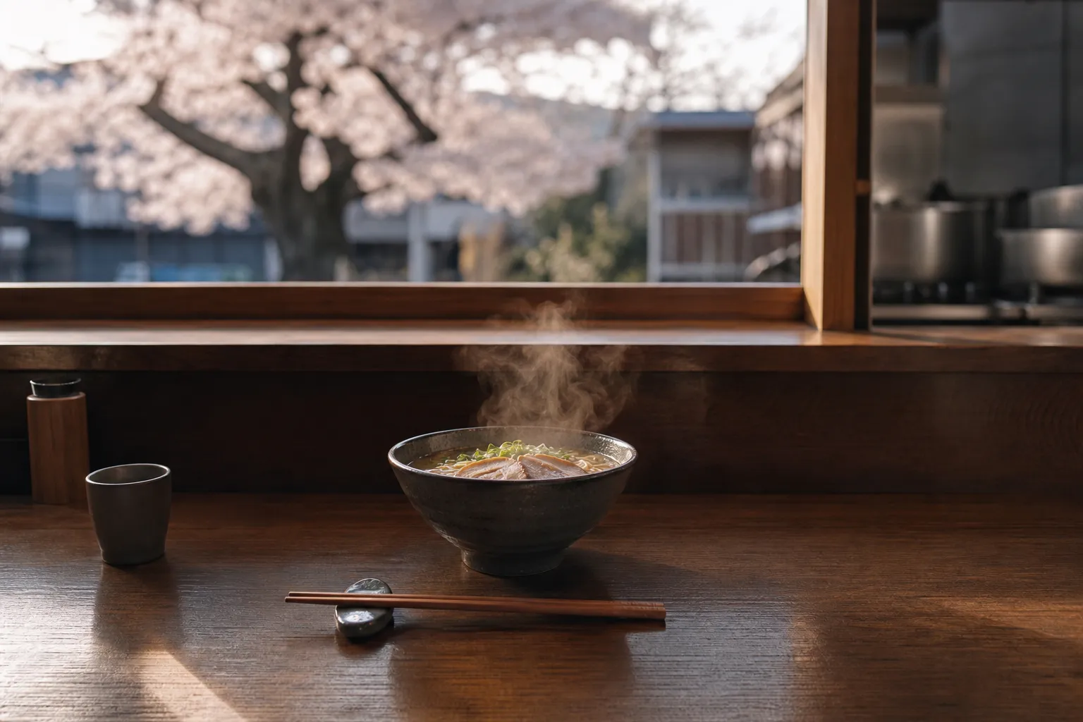 A ramen bowl served at a calm counter setting in Kyoto