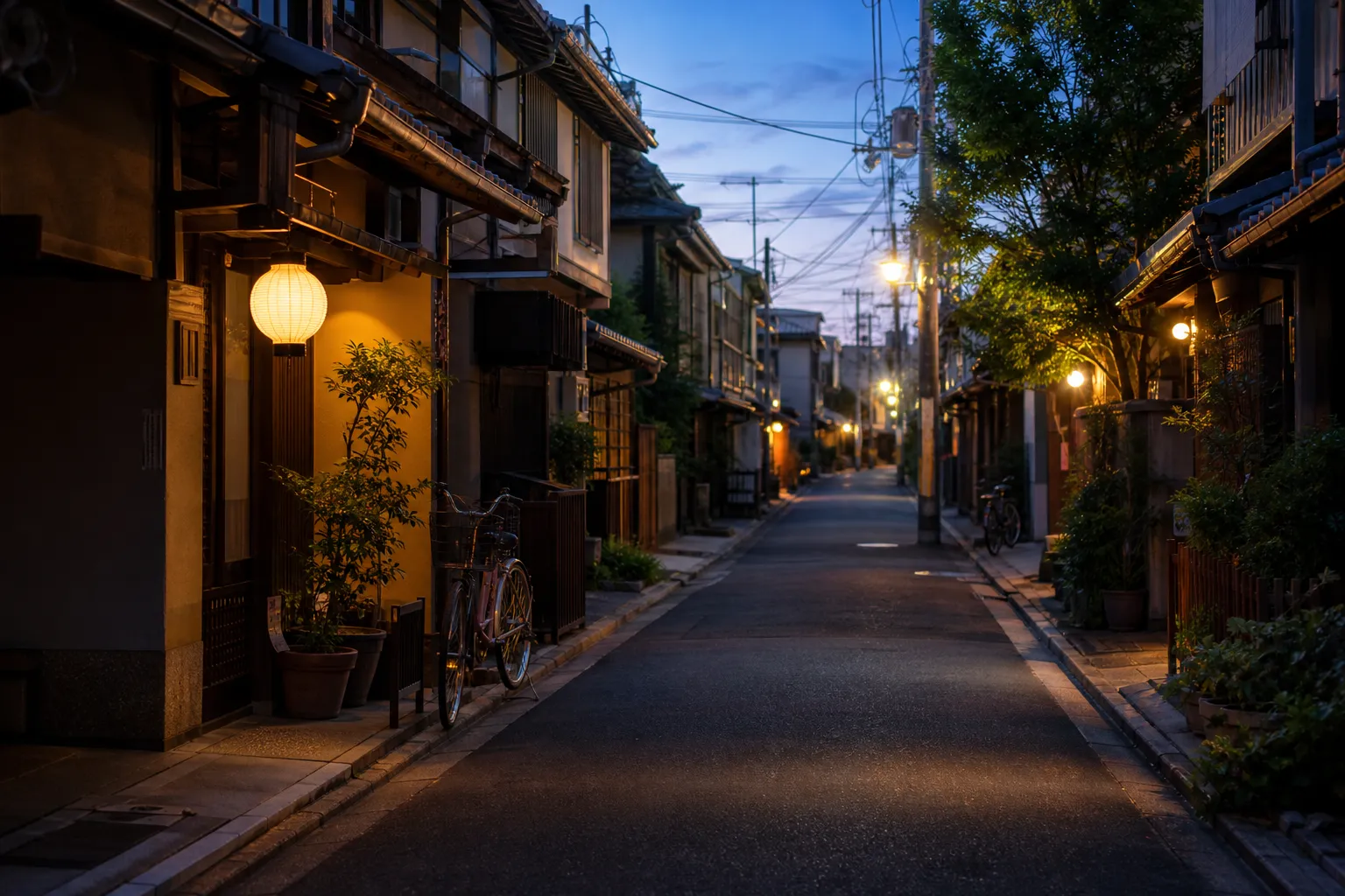 A quiet Kyoto street with traditional houses and soft morning light