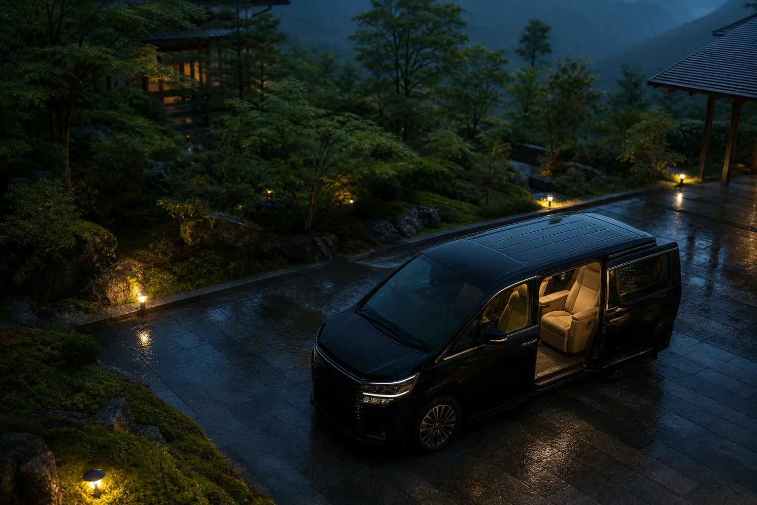 Executive van interior with spacious seating designed for private travel in Japan
