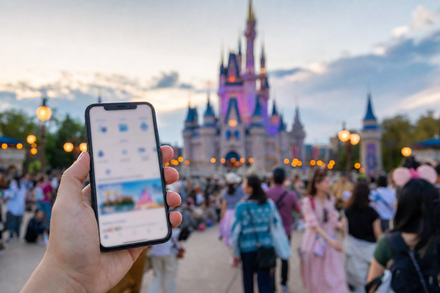 Guest holding smartphone with Tokyo Disney Resort app near park entrance