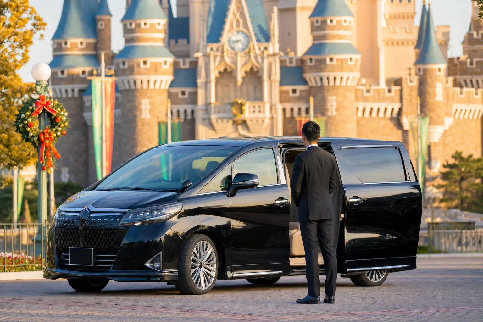 Black luxury minivan and chauffeur waiting at a theme park entrance at golden hour