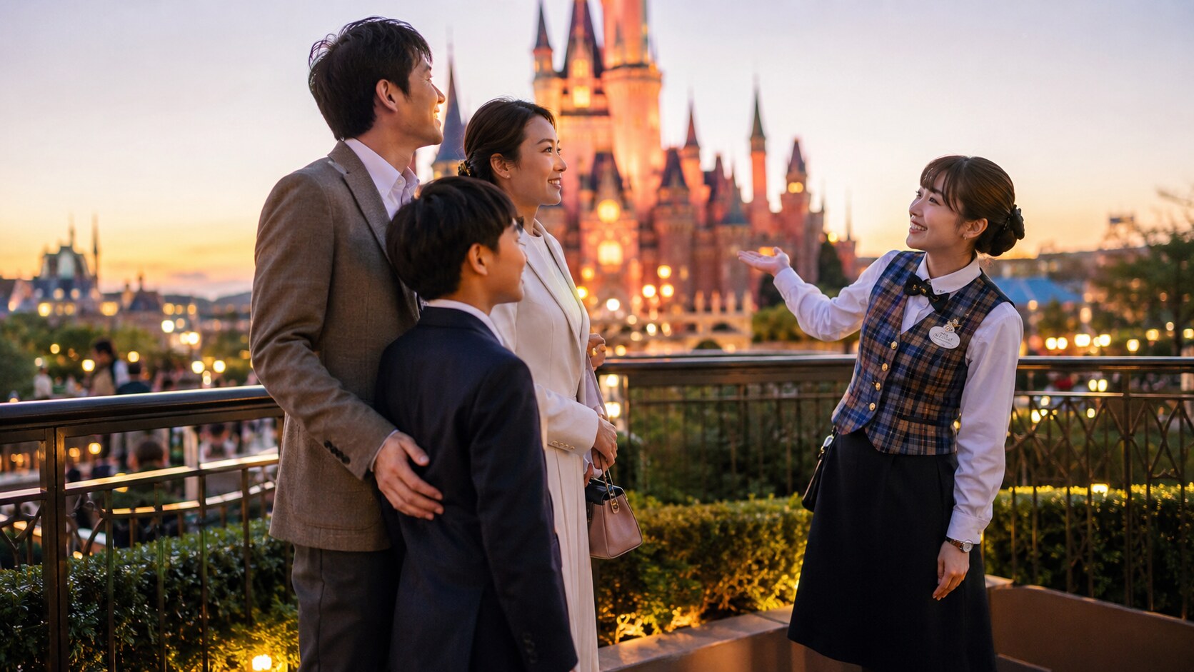 A family enjoying an exclusive, uncrowded view of a majestic fairy-tale castle at sunset, accompanied by their dedicated Disney VIP tour guide.
