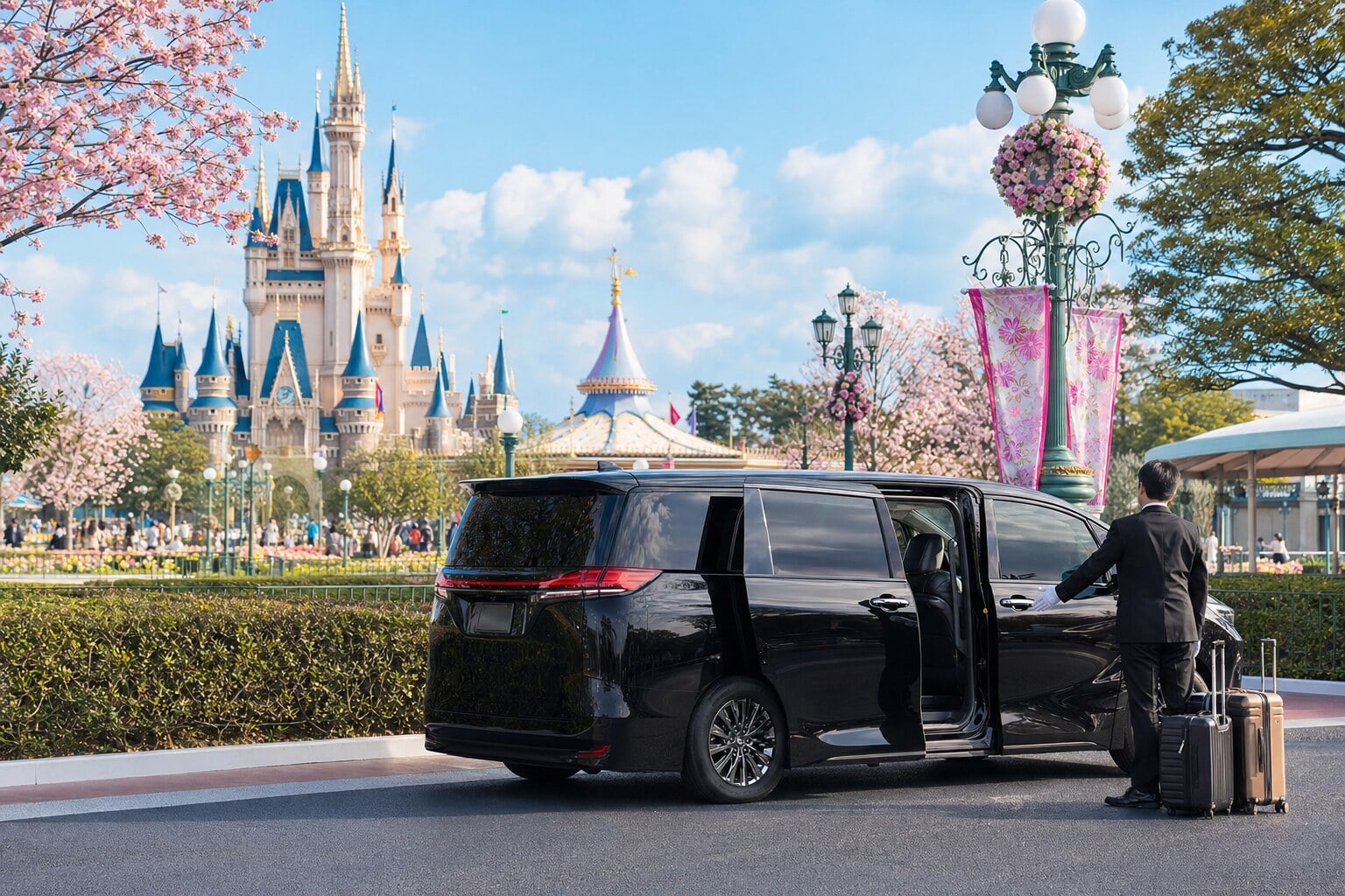 A chauffeured luxury minivan departure from a Tokyo hotel driveway with luggage prepared
