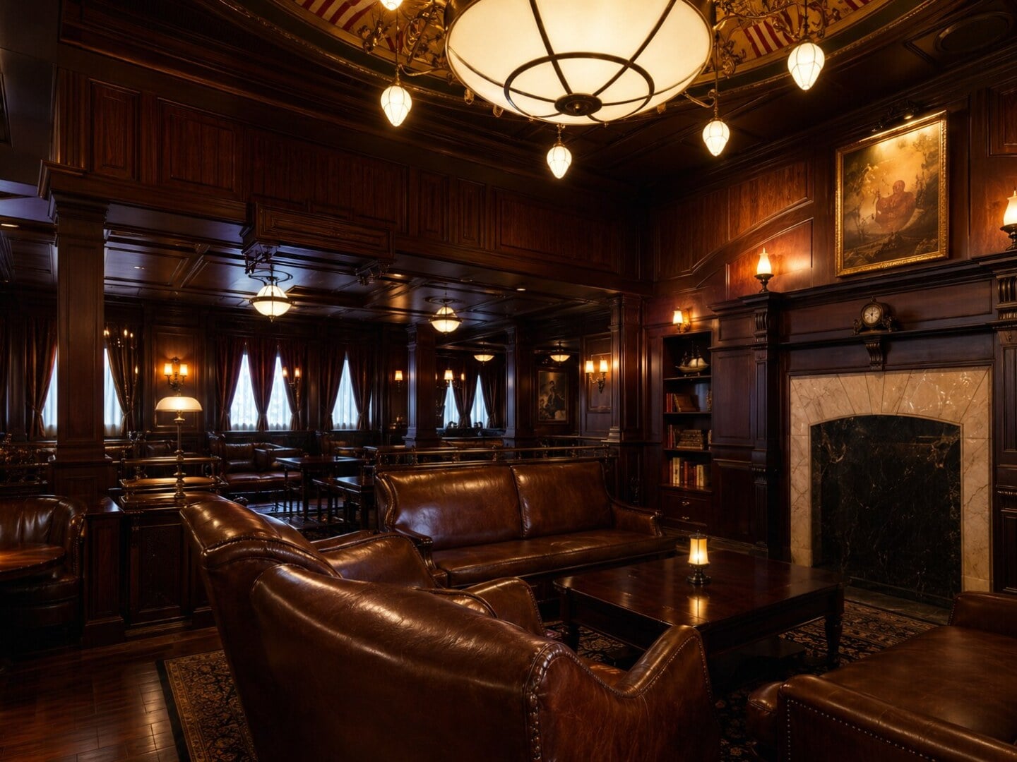 Luxurious dark wood lounge with leather sofas, marble fireplace, and warm pendant lights in an upscale setting.