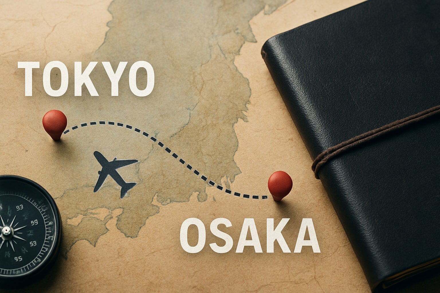A vintage map of Japan marking a route from Tokyo to Osaka with pins, a compass and a leather travel journal