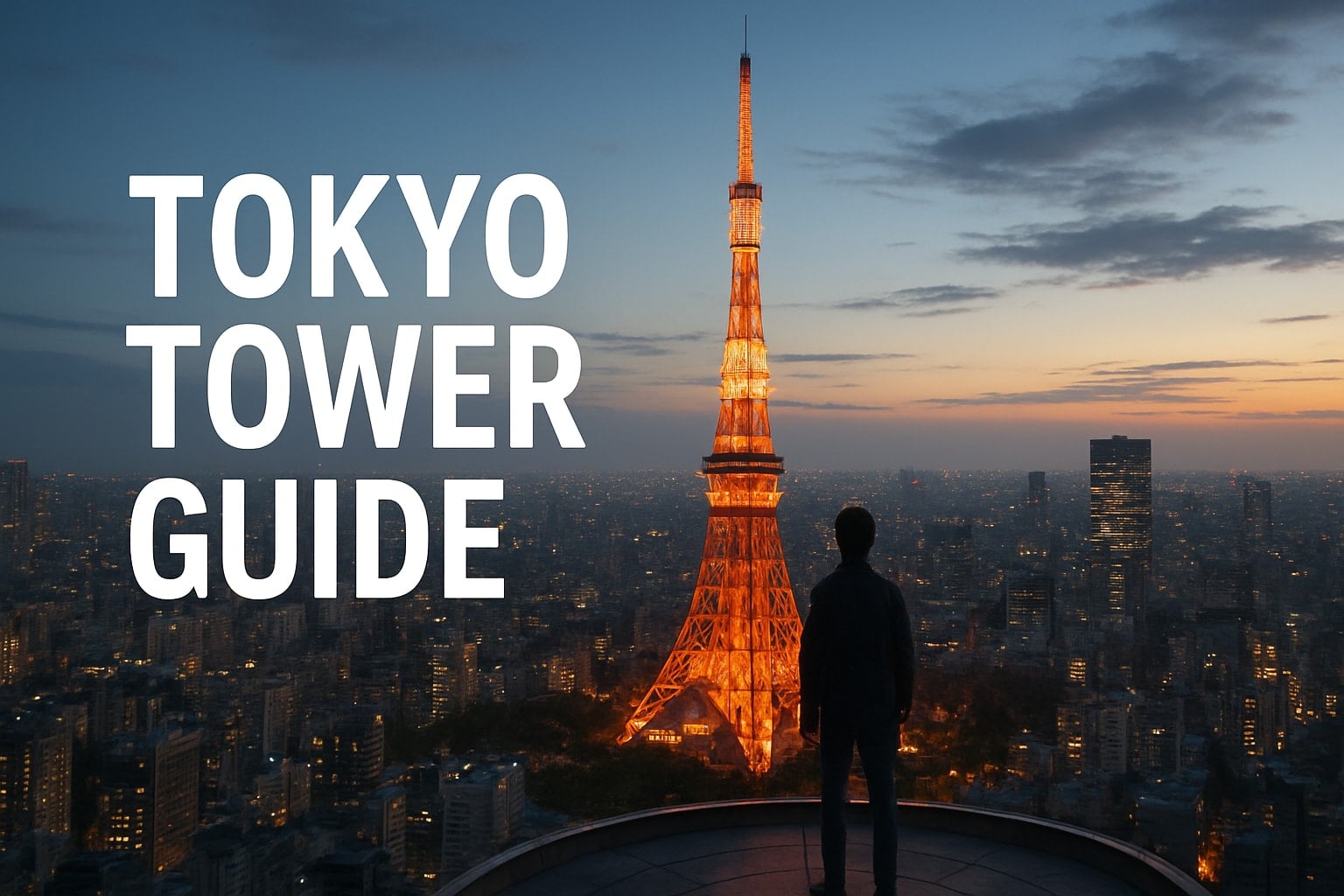 A figure gazing at the illuminated Tokyo Tower above the city skyline at dusk