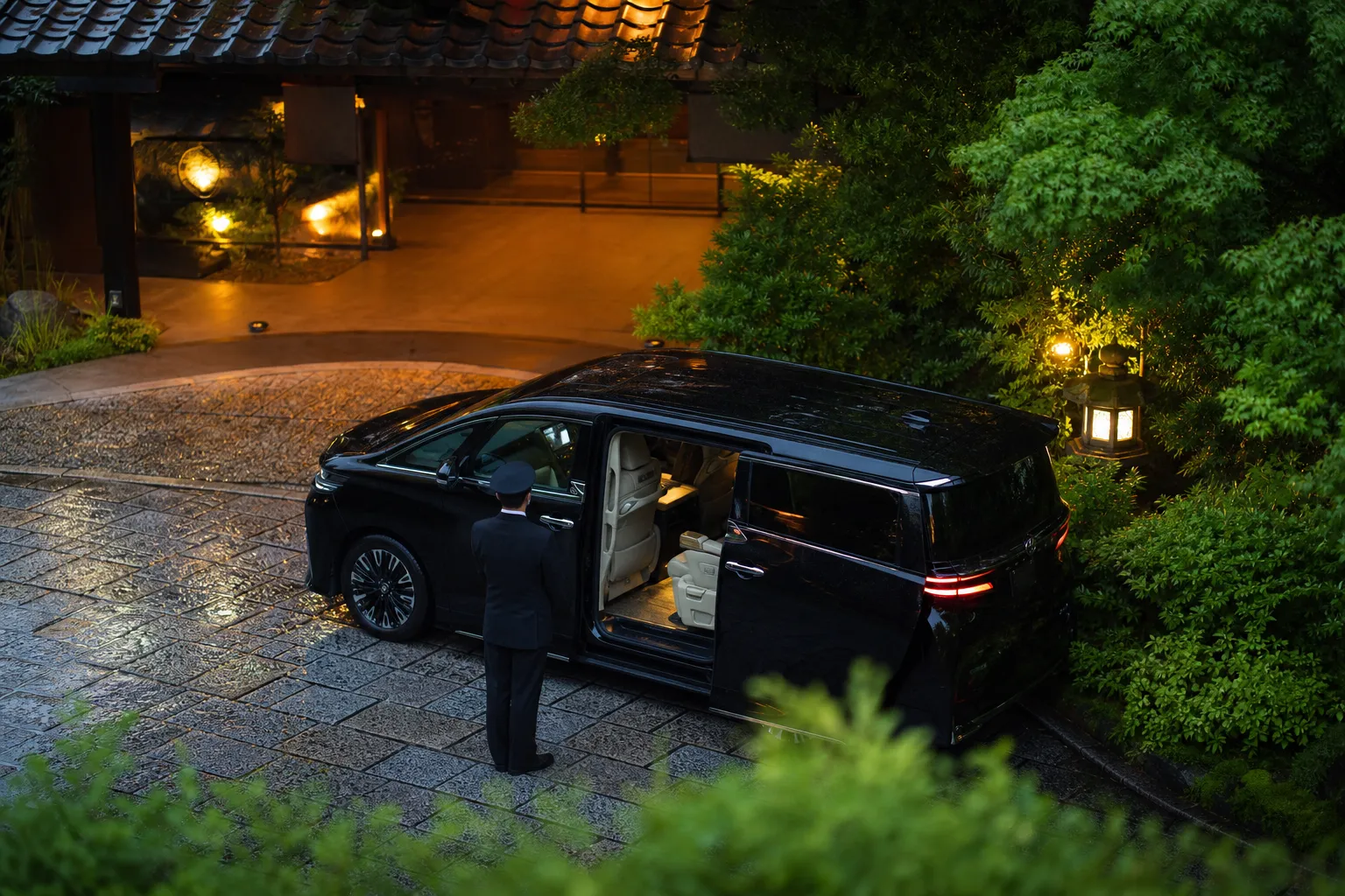 Luxury chauffeured minivan interior for a private USJ arrival in Osaka