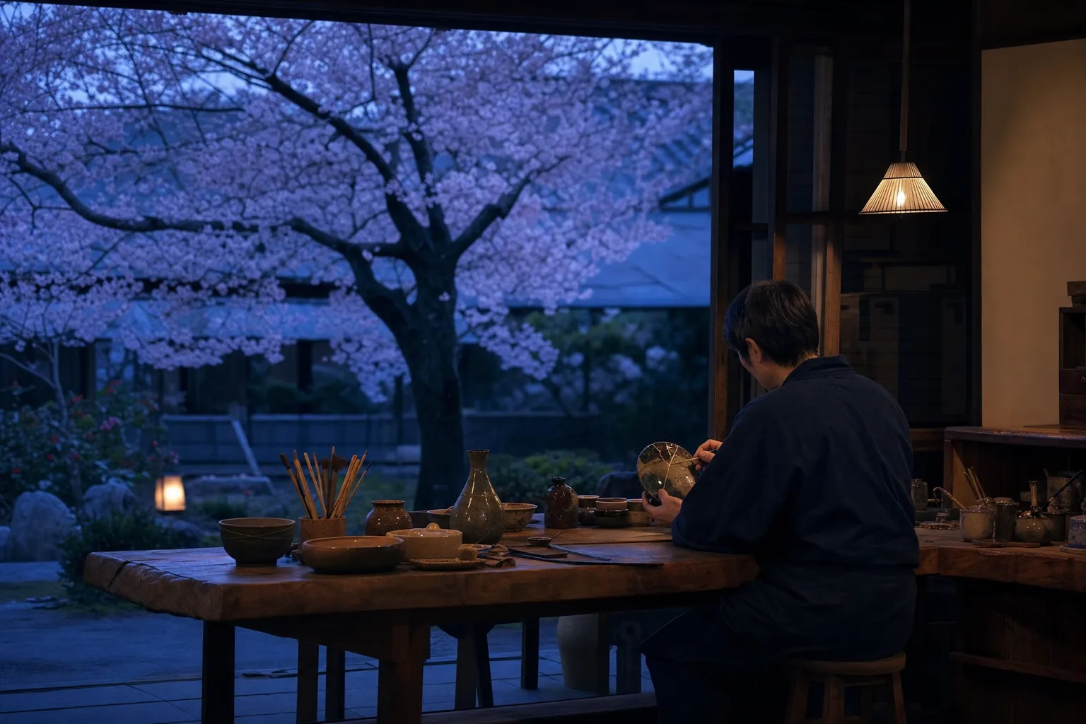A craft master mending ceramics with kintsugi gold lacquer in a quiet Kyoto atelier