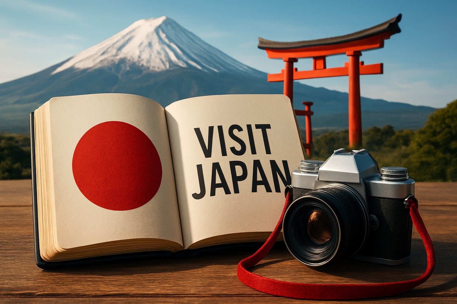 An open travel journal reading “Visit Japan” beside a vintage camera, with Mount Fuji and a red torii gate behind