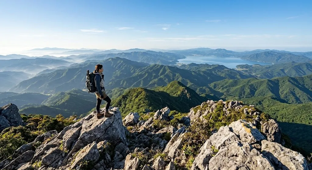 A hiker stands on the rocky summit of Mount Yufu, gazing out at the vast green valley and distant blue Beppu Bay under a bright morning sun.